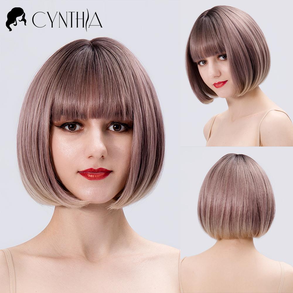 Green Short Bob Hair Synthetic Wig For Woman With Bangs Blonde Ombre Pink Cosplay Lolita Party Heat Resistant Daily Natural Hair