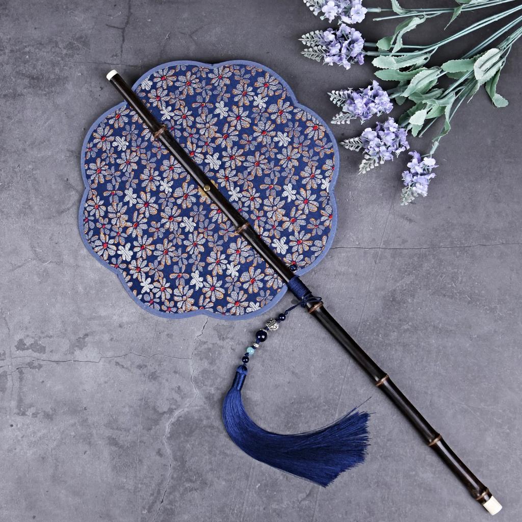 Chinese Ancient Style Black Bamboo Waist Fan Han Dynasty Circular Fan Chinese Style Long Handle Tassel Curling Folding Fan Classical Portable Wrist