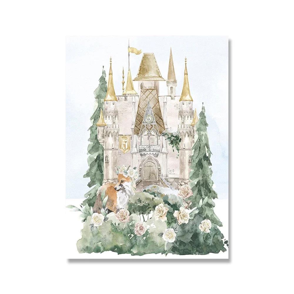 

Скандинавская акварель, волшебное искусство, холст, картина, постер, подарок для дочери, декор для детской комнаты, замок принцессы, сказочный принт 21x30cm No Framed