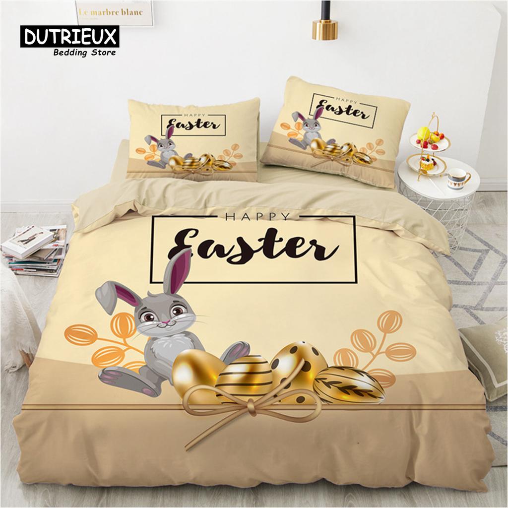 Easter Eggs Bedding Set King Queen Size Cartoon Rabbit Duvet Cover With Pillowcase For Kids Adults As Greetings And Presents