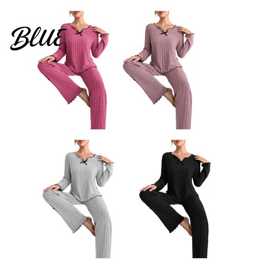 Women Pajama Set 2Pcs/Set Pajamas V-Neck Long Sleeve Lace Trim Tops Casual Home Clothing Elastic