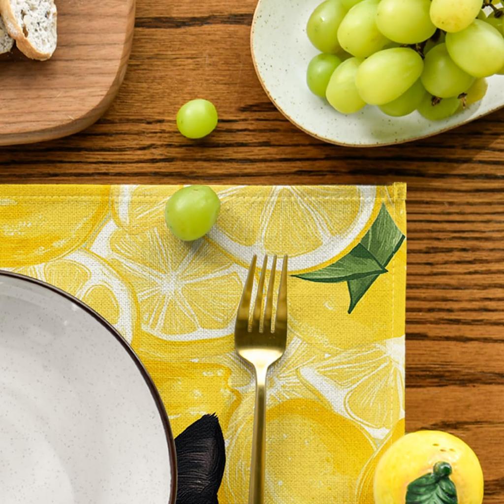 Lemon Cat Summer Placemats Set of 4, 12x18 Inch Seasonal Spring Holiday Table Mats for Party Kitchen Dining Decoration