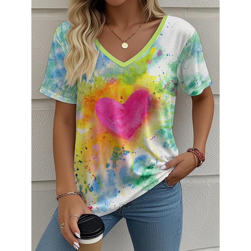 Summer Women's T-Shirt Love Printing Outdoor Retro Fashion Casual Oversized V-Neck Short-Sleeved Women's Clothing