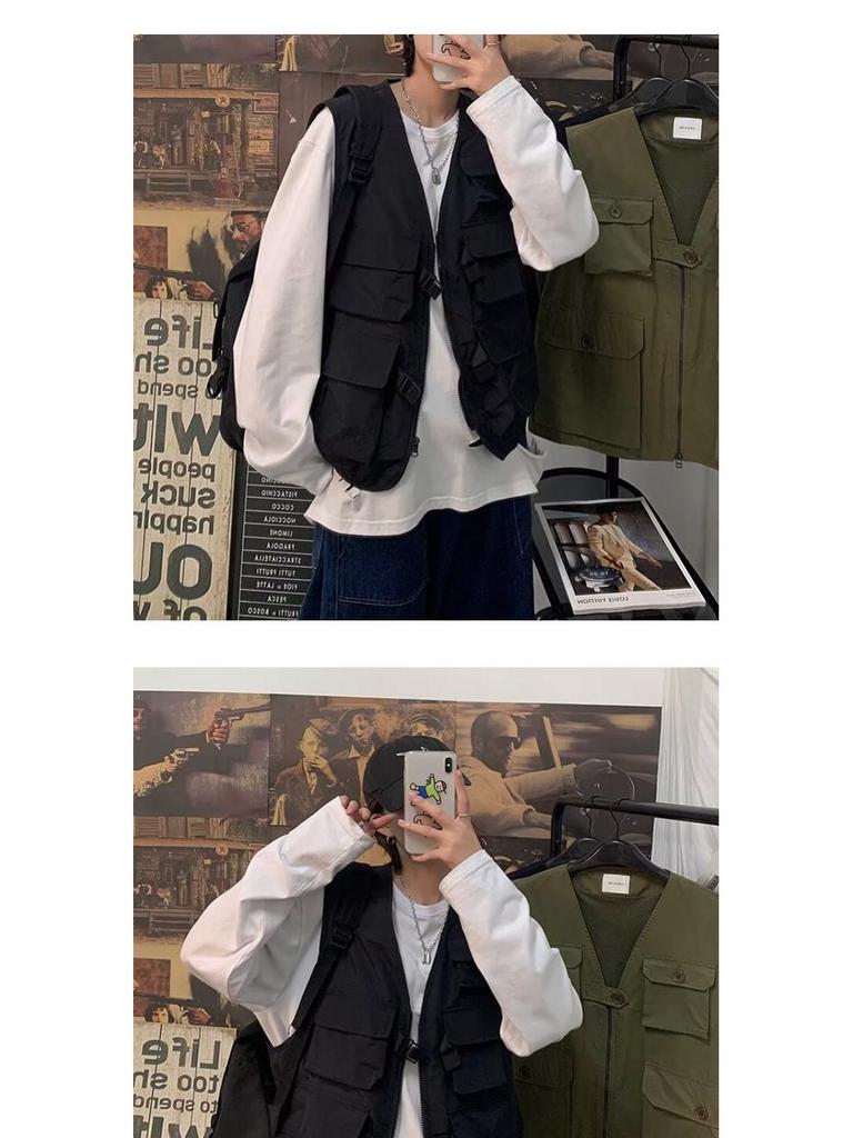 Men's Retro Multi-Pocket Workwear Vest: Spring/Autumn Thin Sleeveless Trendy Gilet