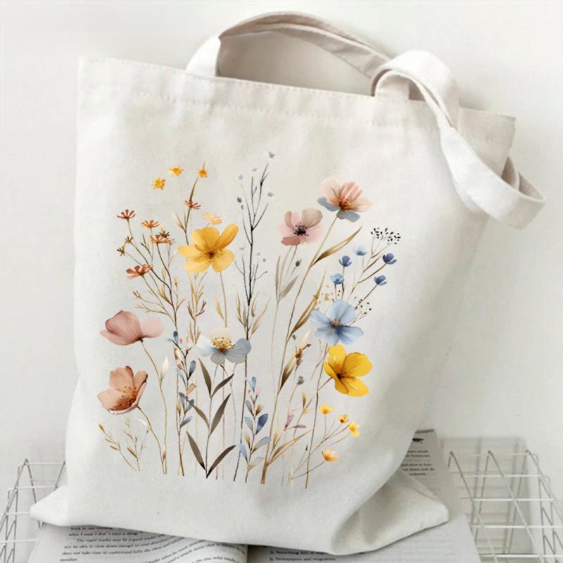 Woman's Shoulder Bag Wildflowers Pattern Tote Bags Canvas Shoulder Bags for Travel Daily Commuting Women's Reusable Shopping Bag
