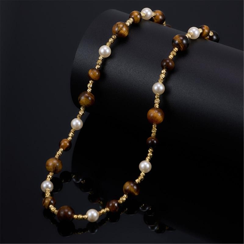 Natural Tigers Eye Stone And Pearls Beaded Necklace Handcrafted Sturdy Hand strung Beaded Necklace For Elegant Occasions