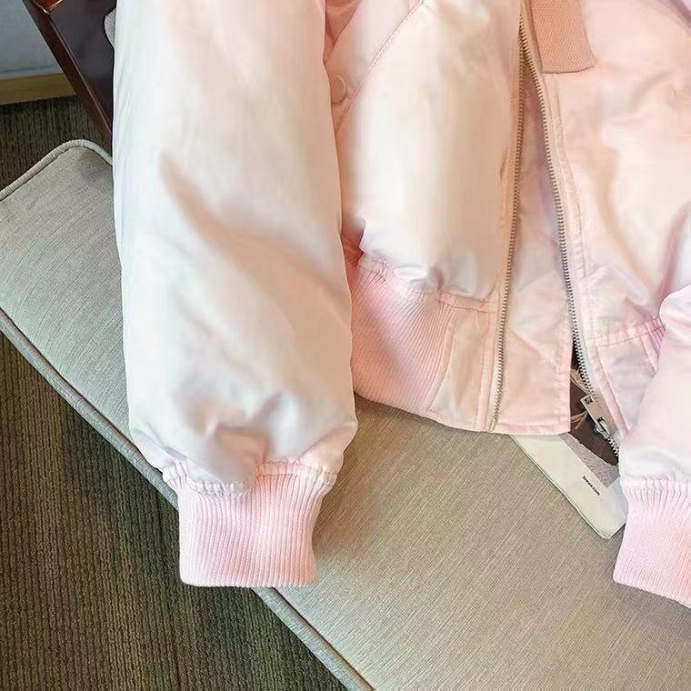 Rosa Jacka i Baseballstil Vinter Varm Vadderad Kappa Kort Ståkrage Söt Ungdomlig Mode Ytterkläder