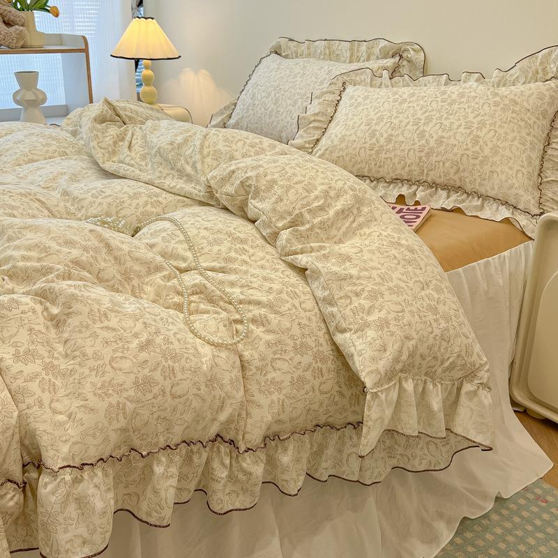 Sweet Flower Printed Bed Skirt Bedding Set Skin Friendly Cotton Nude Sleeping Comforter Set Class-A Twin Single Home Textile