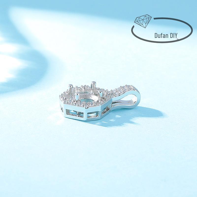 White Gold & Copper Round Pendant Base with Diamond Imitation, 925 Silver, for DIY Ice Flower Necklace.