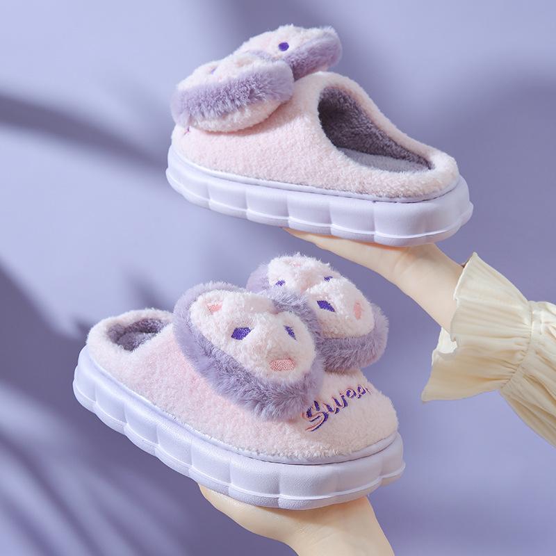 Fashion Cotton Shoes For Women Bow Autumn Winter Warm Non-slip Indoor Girl Color Contrast Cute Comfortable Fluffy Cotton Slippers