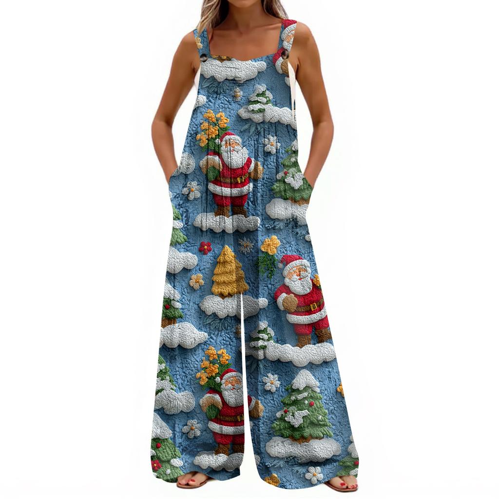 Women's Christmas Print Solid Wide Leg Strapless Tank Pocket Casual Onesie