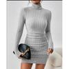 Mode Rollkragen Damen Strick Kurzkleid Herbst und Winter Neu Langarm Rippstrick Hüftbetont Lässige Partykleider Bodycon Schlichte Kleidung 2708