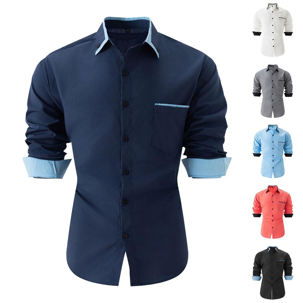 Pánská podzimní ležérní volná košile s dlouhým rukávem a knoflíky, colorblock