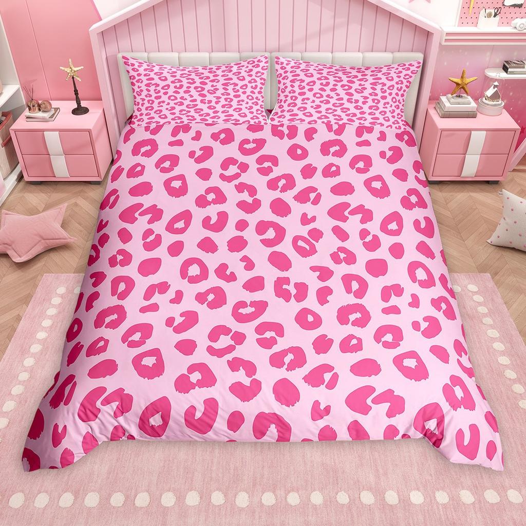 Homewish Rosa Blau Grau Leopardenmuster Bettbezug-Set, Ästhetisches Gepardenmuster Steppdeckenbezug-Set, Tierisches Thema Bettwäsche-Set