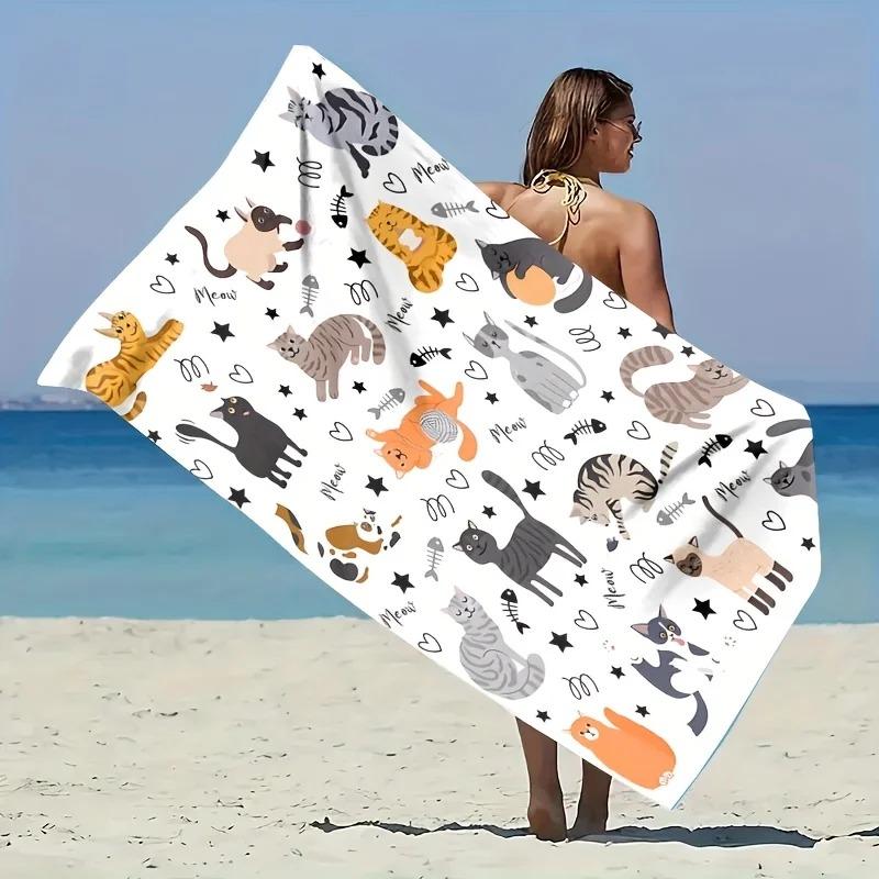 Serviette de plage Kawaii Chat Miaou Imprimé Plat Peau de Pêche Serviette de Bain Animale Drôle Vacances d'Été Serviette de Plage Sans Sable Couverture de Natation de Voyage