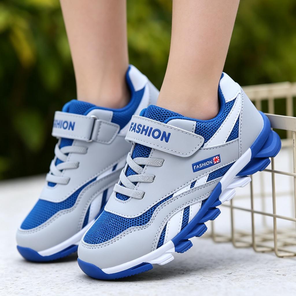 Fashion Thick Sole Mesh Hook and Loop Closure Durable Student Running Shoes Lightweight Breathable Athletic Sneakers for Kids Boys Girls