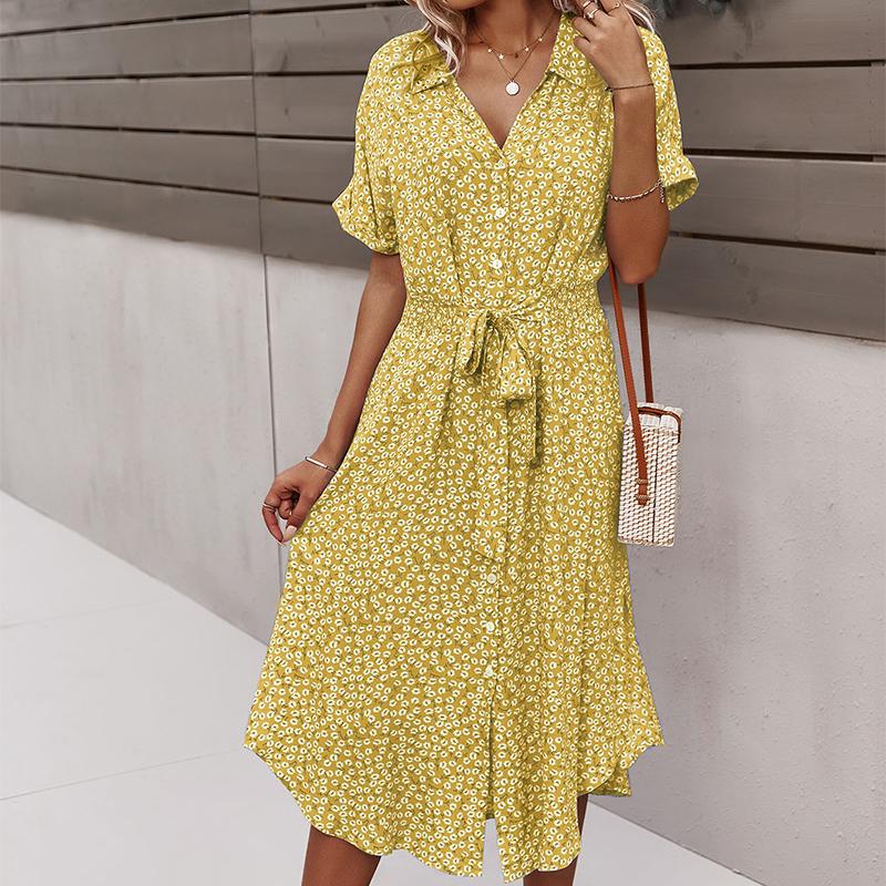 

Летнее платье с цветочным принтом, женское повседневное платье с принтом, платья миди с v-образным вырезом, женское свободное платье на пуговицах с коротким рукавом, праздничное пляжное платье, Vestidos S жёлтый