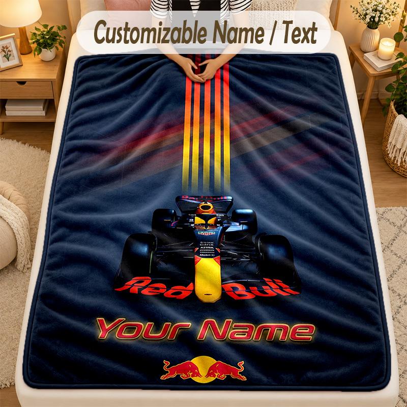 Flannel BlanketRed Bull Racing Custom Name Text Personalized Soft Warm Throw Blanket Home Decor Gift