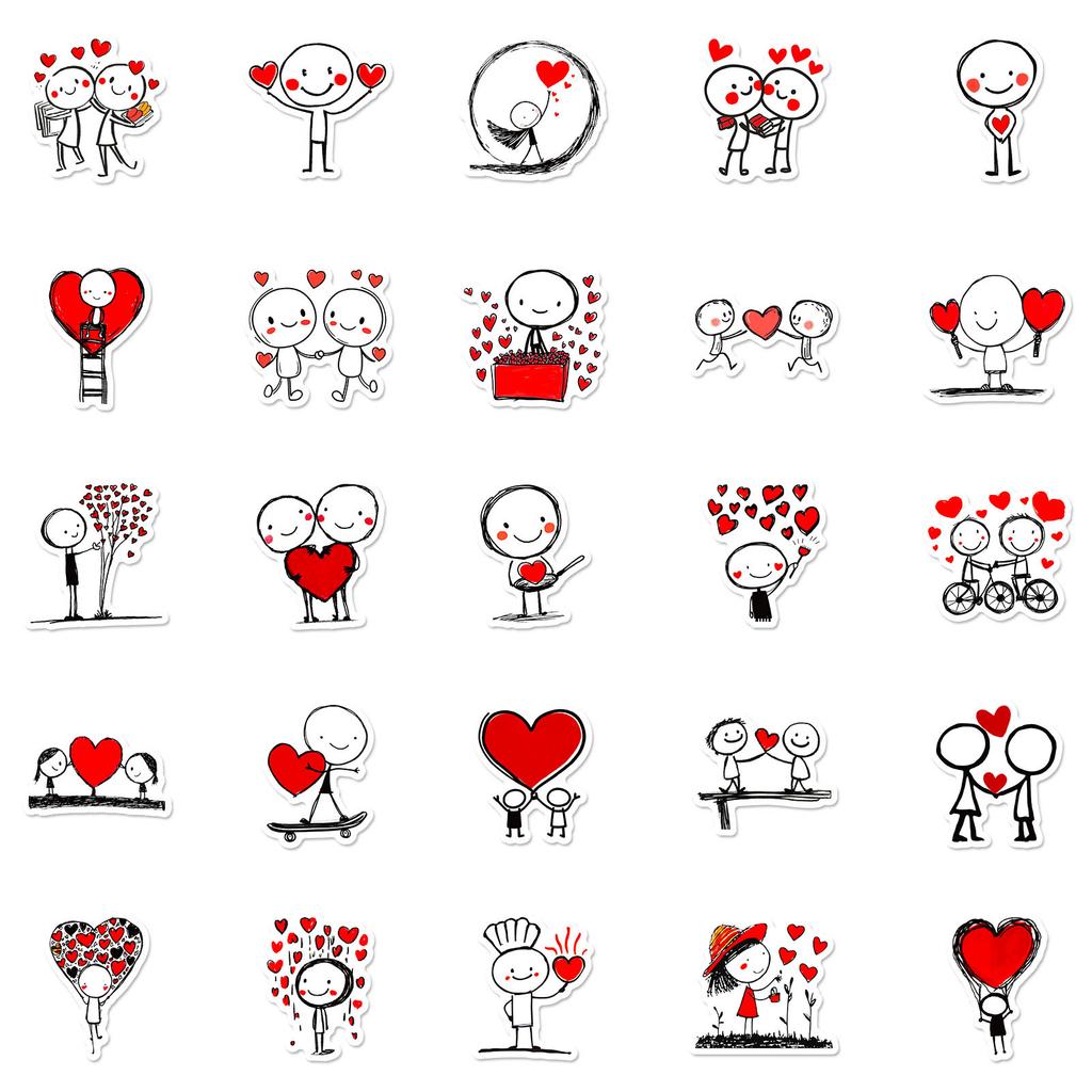 New 50 Red Love Lines Little Man Stickers Cute Healing DIY Hand Account Computer Notebook Stickers