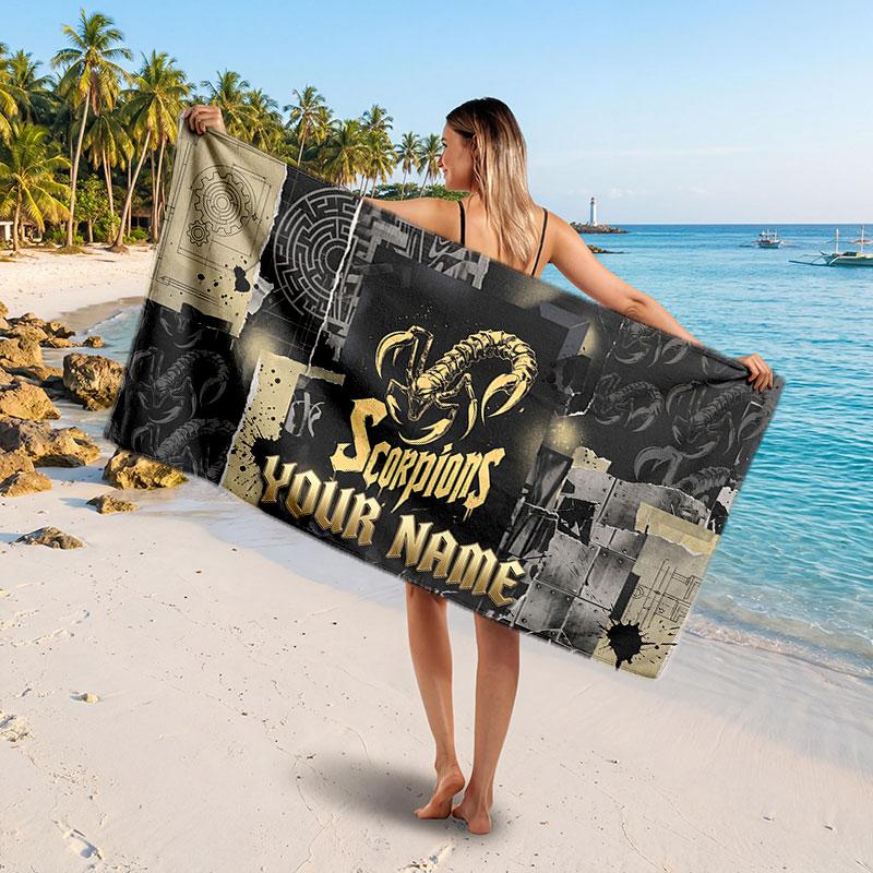 Scorpions Customized Name Text Beach Towel, Soft Absorbent Towel Beach Pool Travel Personal Gift