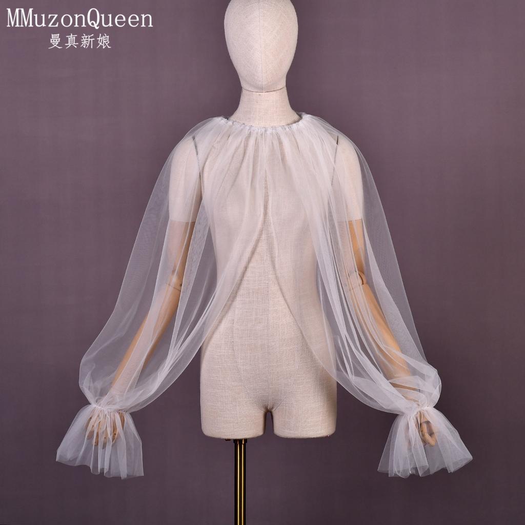 Two Colors Sheer Tulle Long Sleeve Cape Shrug, Elastic Ruffle Cuff Mesh Cover Up for Strapless Satin Wedding Dress Bridal Evening Party Photoshoot