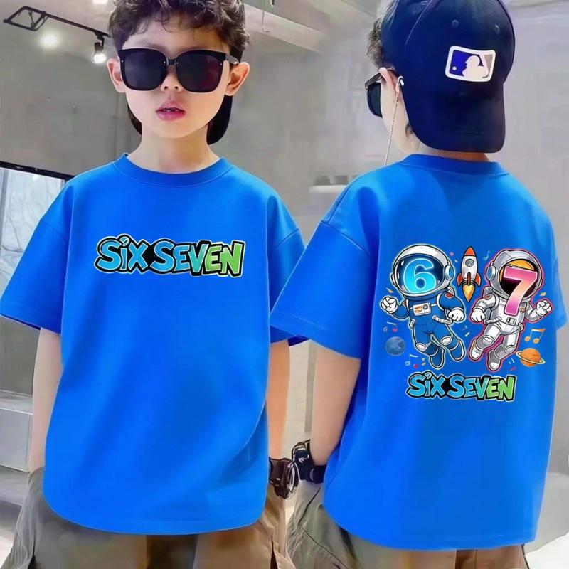 180g Puur Katoen Cartoon 67 Print Kinder T-shirt met Korte Mouwen