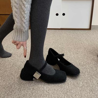 Gray Mary Jane Fluffy Shoes Women's Winter Wear New French Retro Woolen Thick Heel Single Shoes Women's Velvet High Heels