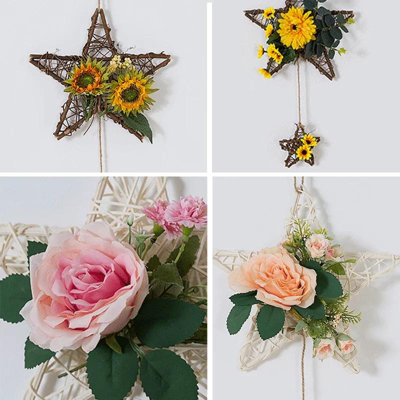 Five Pointed Star Vine Circle Wall Decoration Simulation Flower Pendant Decoration Creative Bedroom Living Room decor Aesthetic