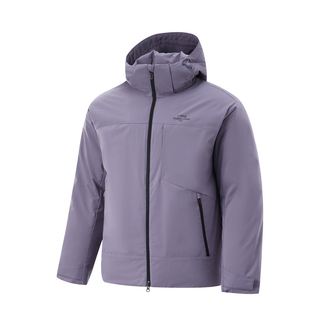 Li Ning Hot Pot Down Jacket Series Solid Color Hooded Short Casual Versatile Zipper Long Sleeve Down Jacket Men Jackets Dark-Gray Purple AYMU249-4