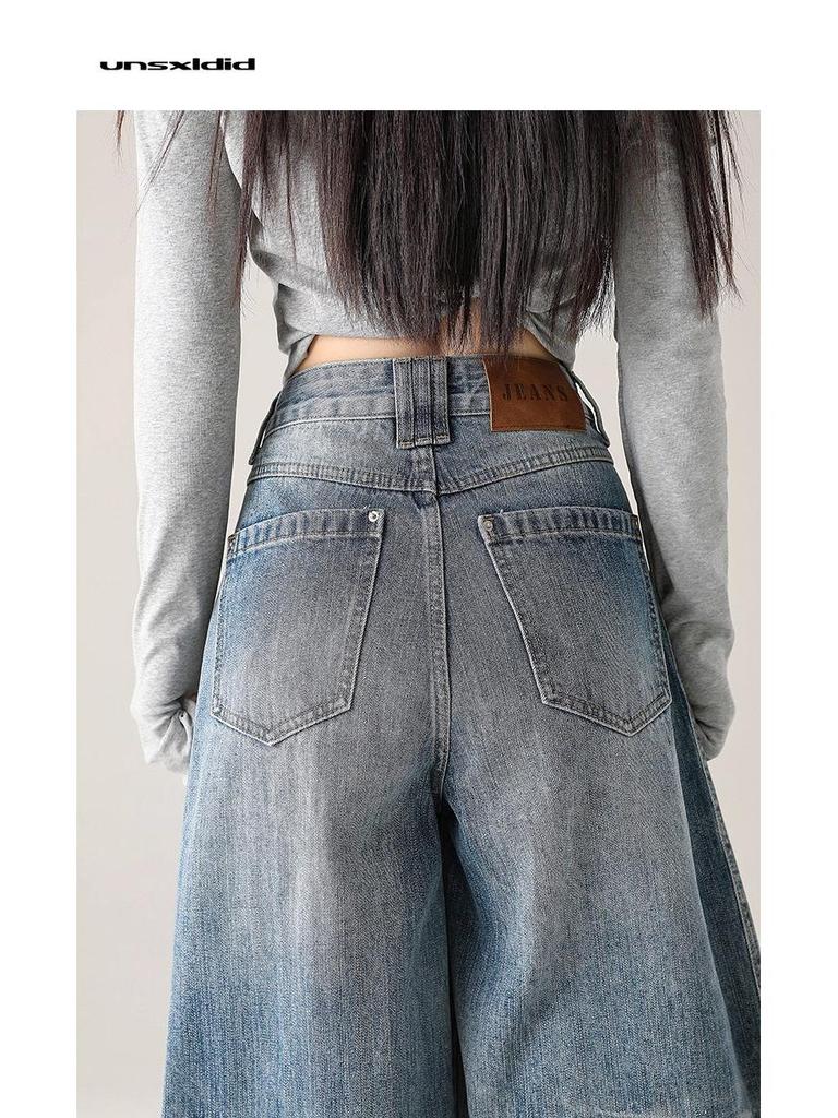 Retro Wide-Leg Floor-Length Jeans for Women - Light Blue, Washed, Versatile, Ideal for Autumn Commutes