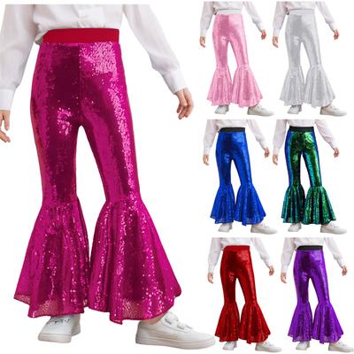 Girls Dance Performance Costume Glittery Sequins Flared Pants Elastic Waistband Bell Bottom Trousers