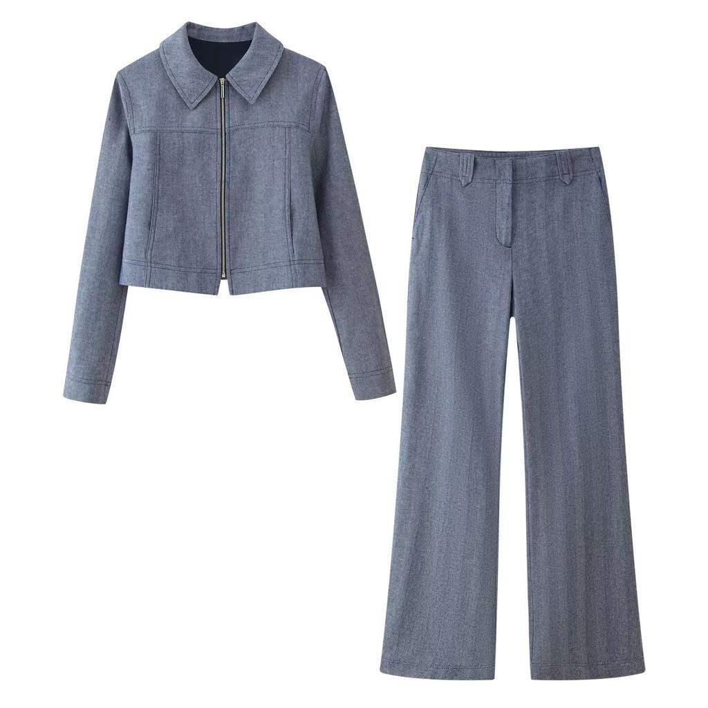 European-American French women's fashionable versatile zip-up blazer + trousers set