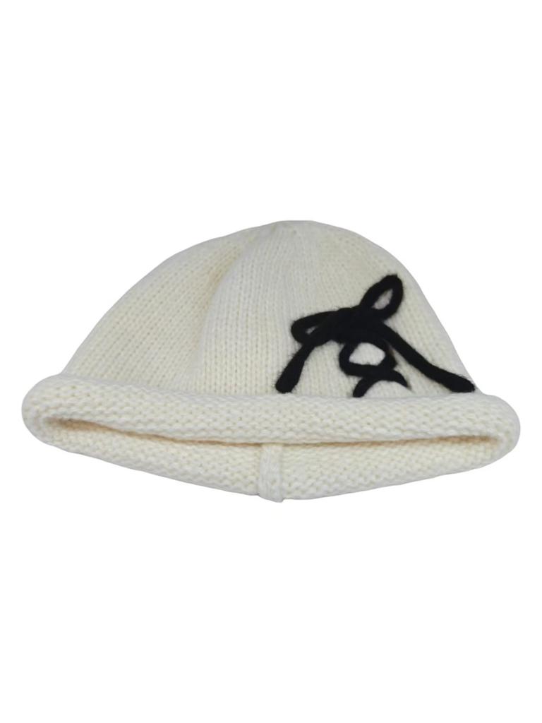 Literary bow decorative sleeve knitted hat thick needle crimped women's cold hat autumn and winter thickened wool hat
