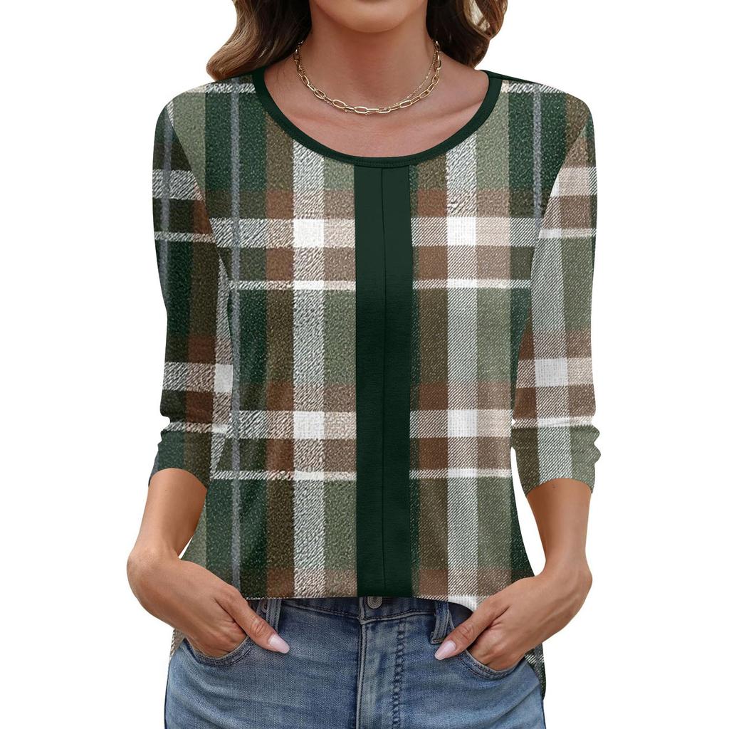 Women's Fashionable Casual Three Quarter Sleeve Printed Collar Pullover Top