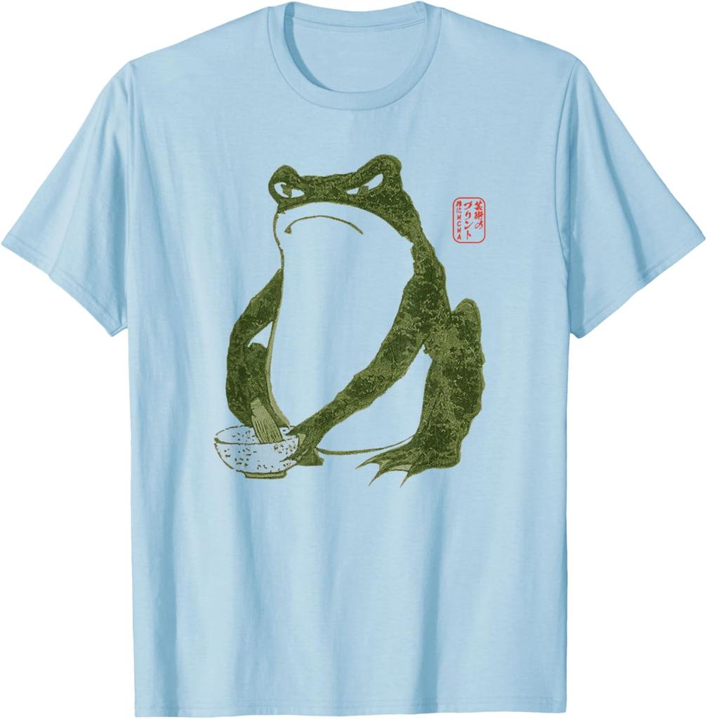 Grumpy Frog Eating Ramen Japanese Art Print Graphic Tee Cotton Casual Short Sleeve TShirt Men