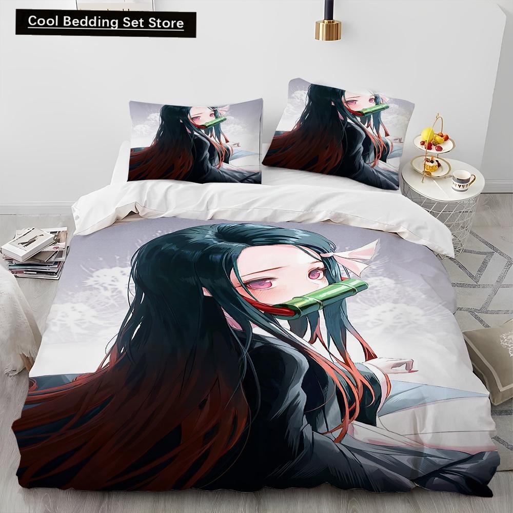 Demon Slayer Bedding Set Kamado Nezuko Duvet Cover Set Bedspread Pillowcase King Queen Full Single Size Bed Linen Kids Teen Gift