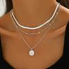 Stainless Steel Three Layer Round Pendant Necklace for Women Fashion Simple Flat Snake Chain Beads Jewelry Party Gift