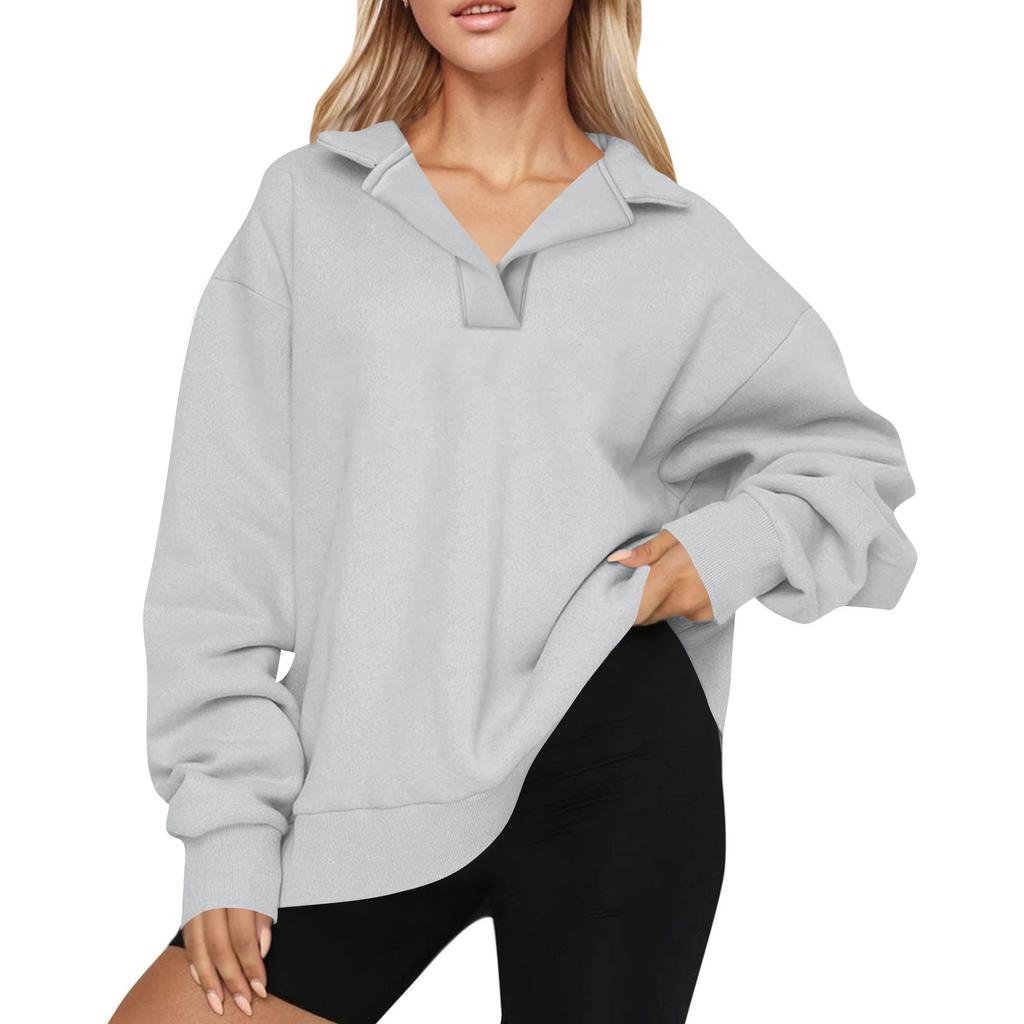 Women's Fashion Long Sleeve Solid Color V-Neck Loose Sweatshirt Top