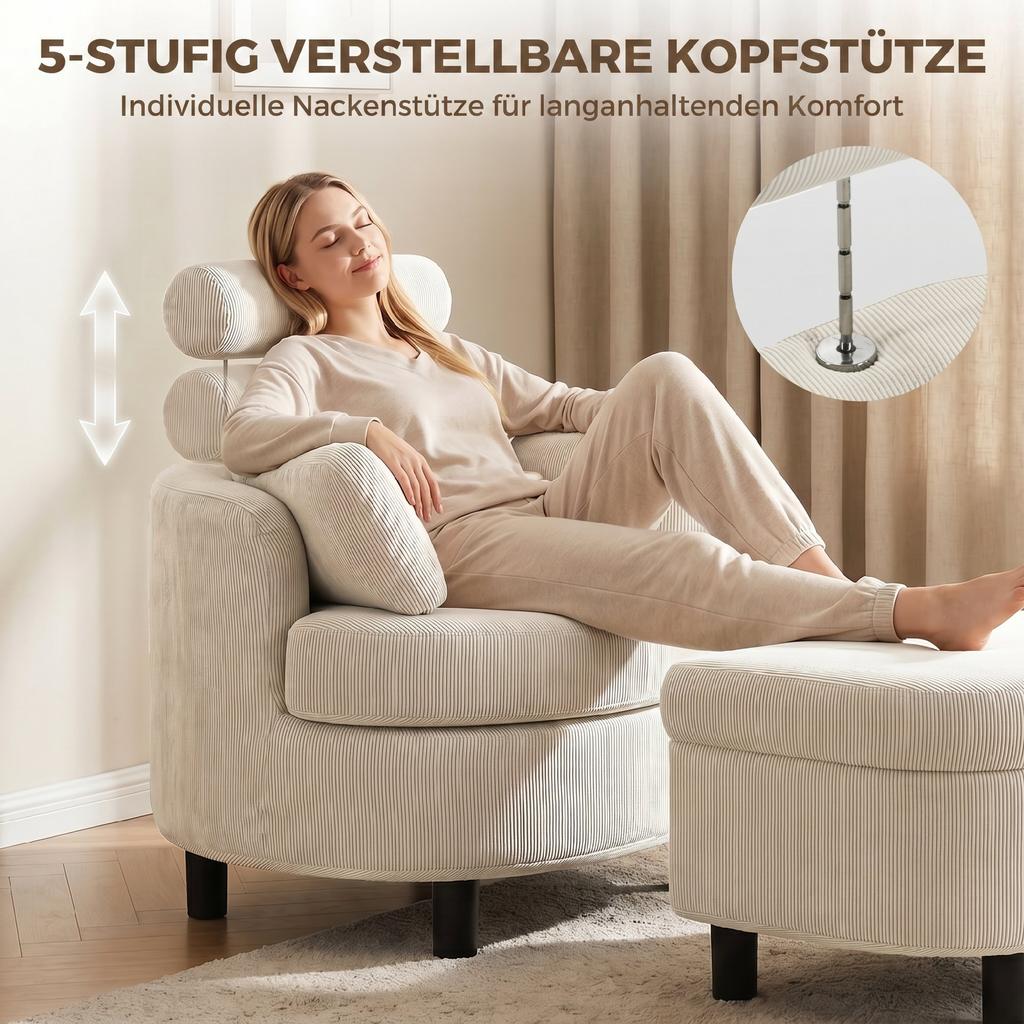 Armchair Lounge Chair with Storage Stool, Cushion Cream White