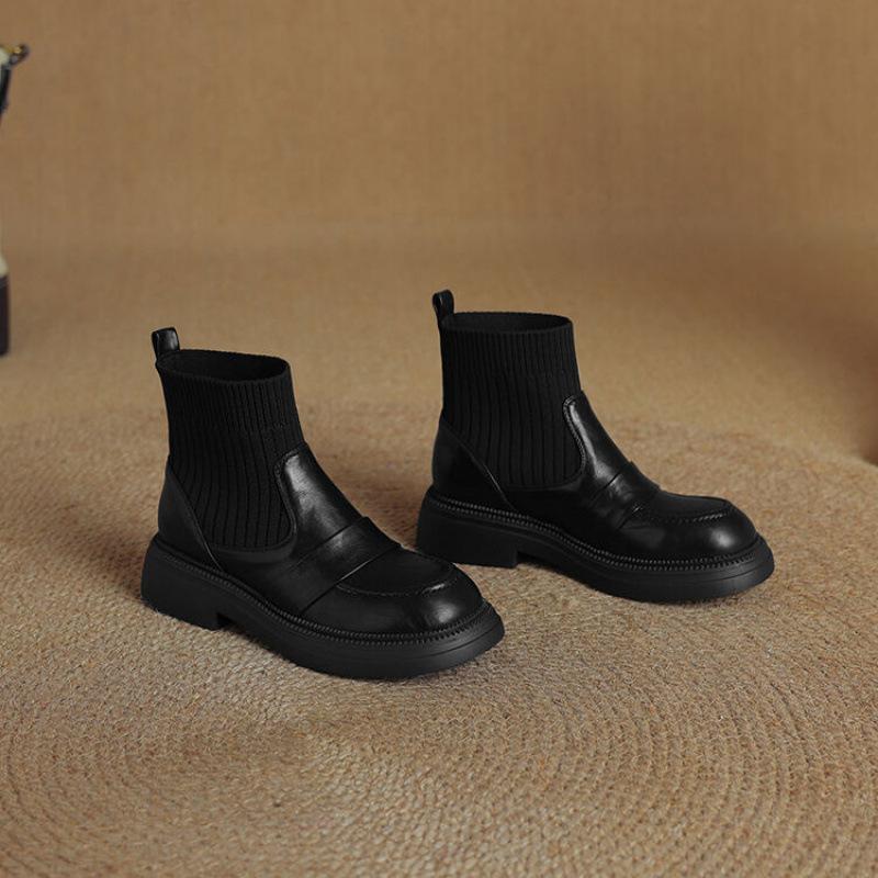 

Корейская версия нескользящих полусапог с круглым носком, новые кожаные ботинки большого размера на толстой подошве, новые женские ботинки на низком квадратном каблуке, осень и w 39 чёрный