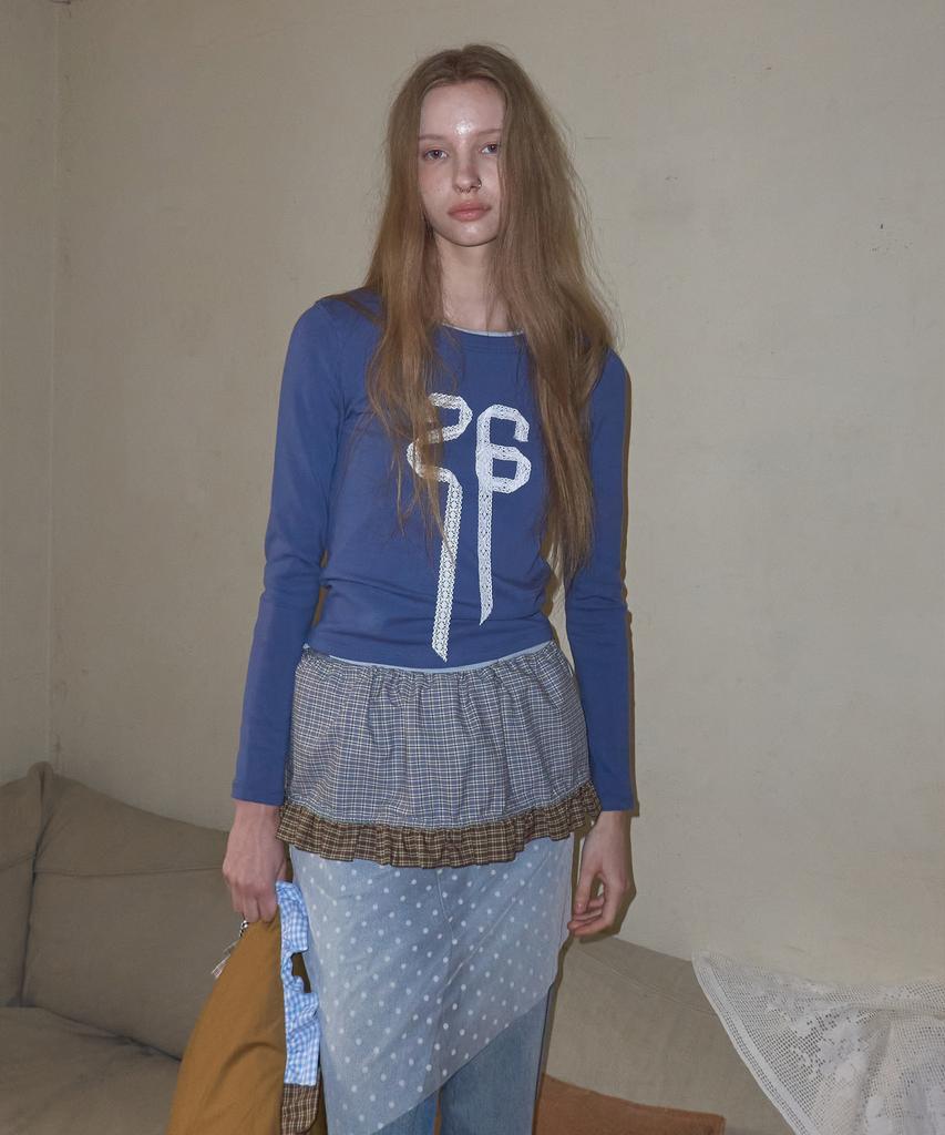 Mejongkeulem Check Frill Layered Skirt_ Dusty Blue