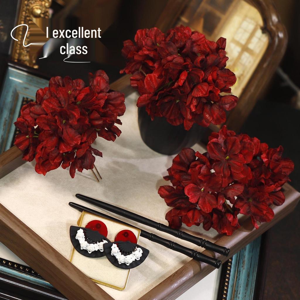 Retro Wine Red Fabric Flower Bridal Hairpin - Classical Chinese Style Headpiece