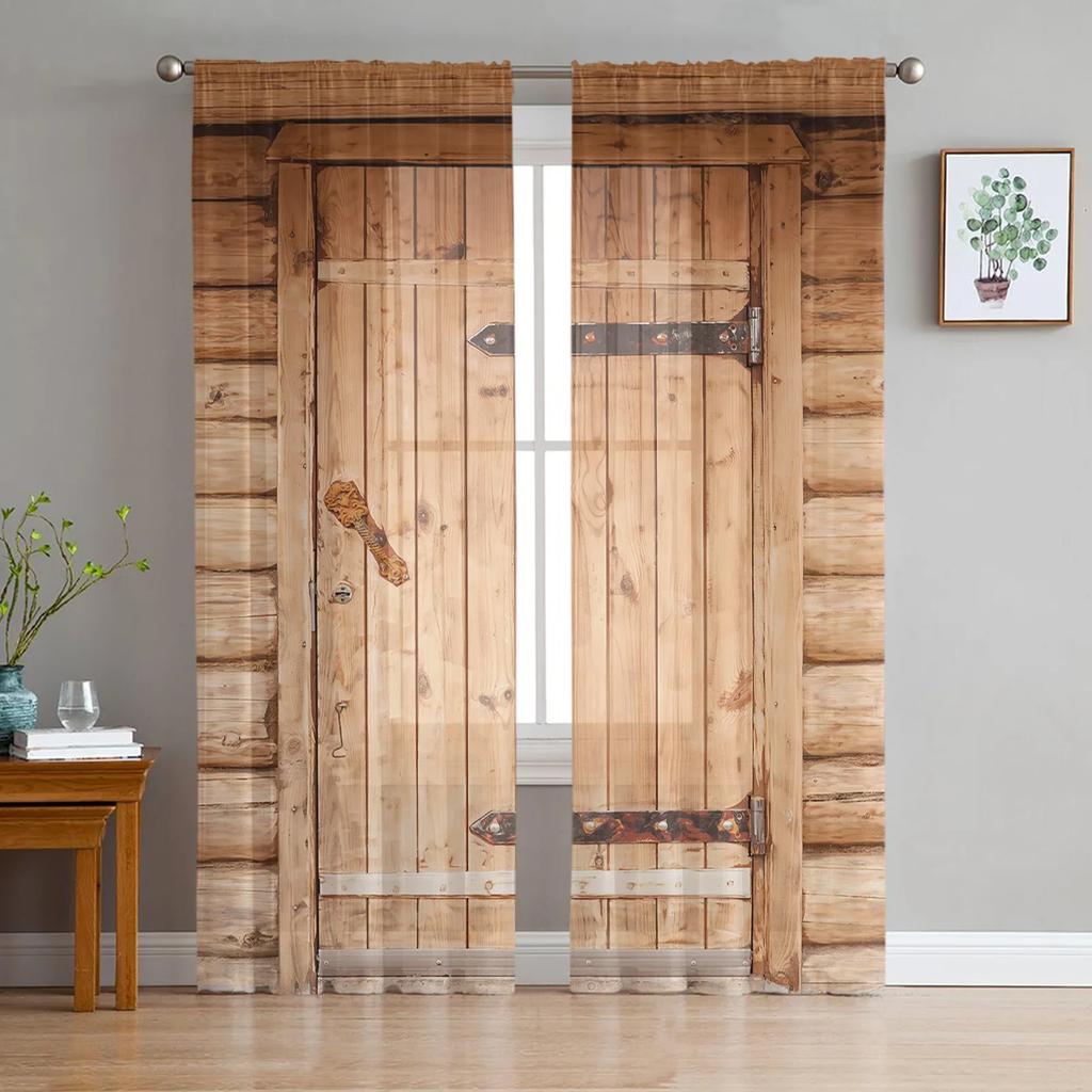 Farm Barn Wooden Door Tulle Curtains for Living Room Print Sheer Voile Curtain Bedroom Window Screening Drapes Blinds Home Decor