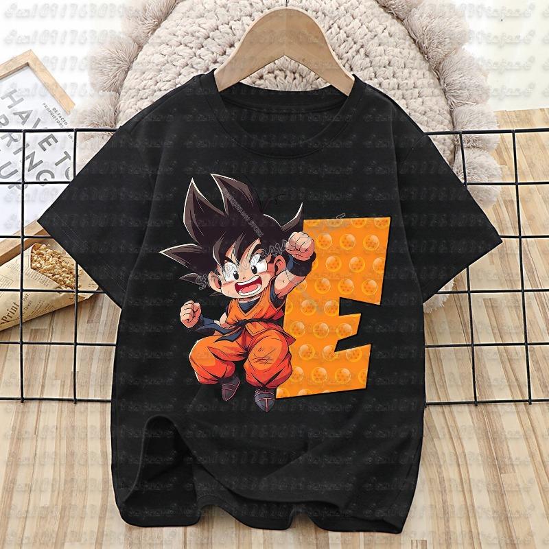 Dragon Ball Goku T-shirt Cotton Children A-Z Letter Tee Top Black Round Collar Clothing Boys Girl Summer Short Sleeve Kids