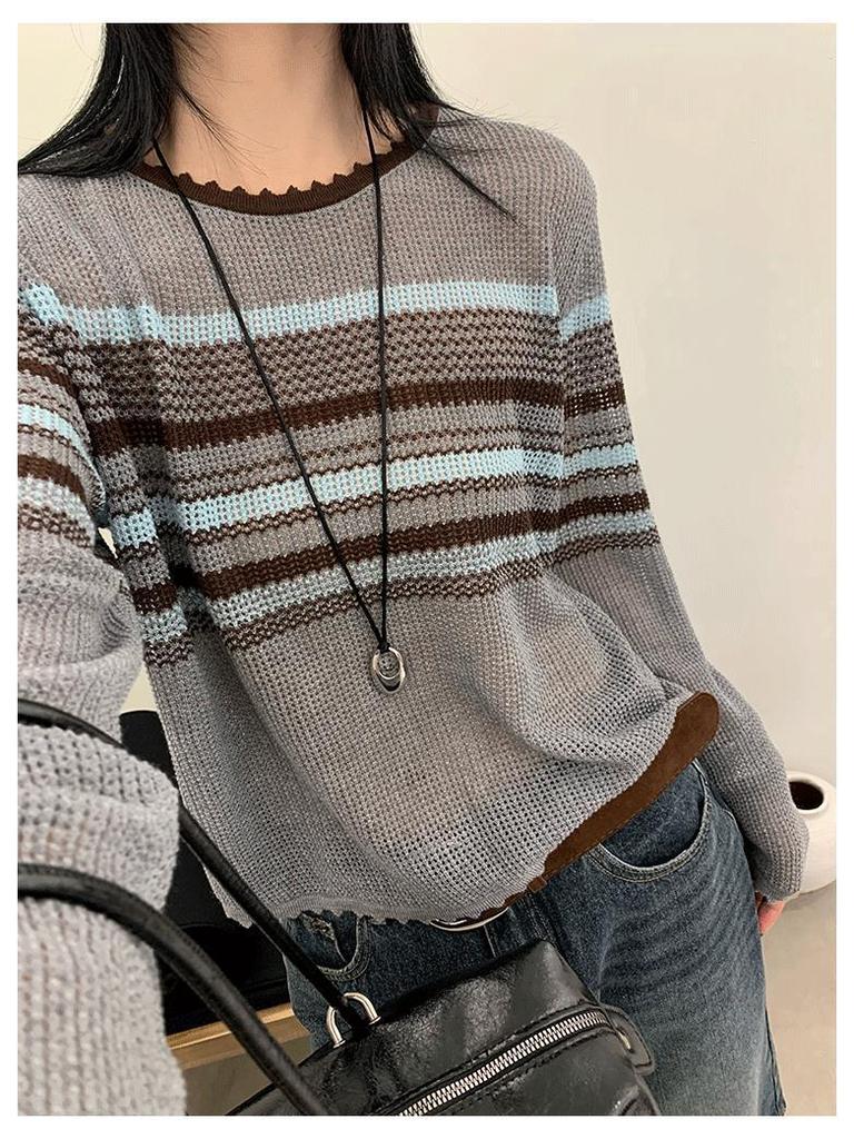 Chic Korean-Style Striped Knit Sweater for Women - 2025 Long Sleeve Hollow Out Top