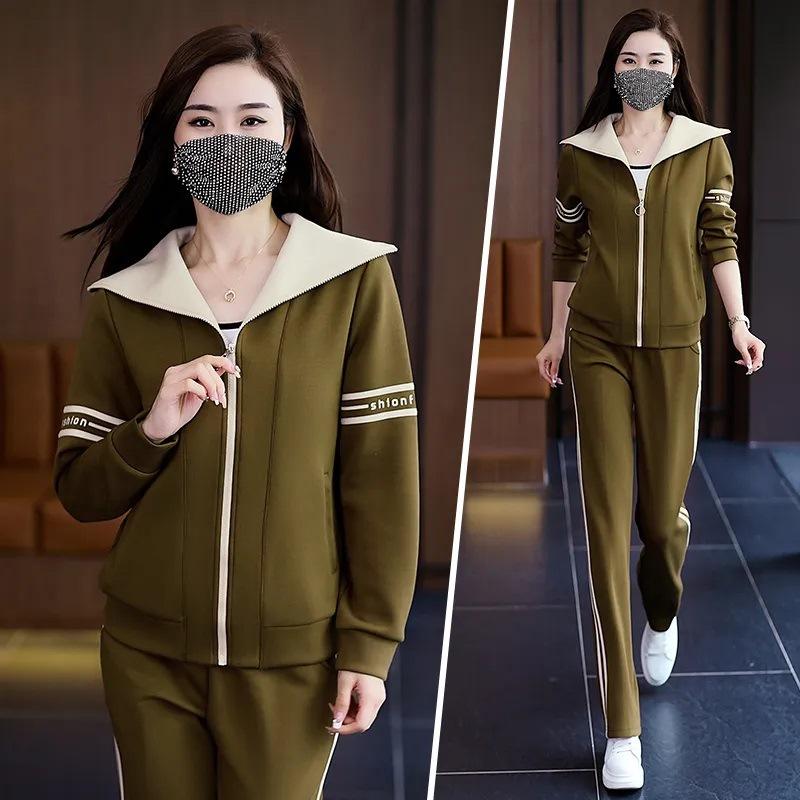 Spring and Autumn Cardigan Zipper Solid Color Middle-aged and Elderly Mother's Clothing Modern Style Age-reducing Loose Slimming Two-piece Set