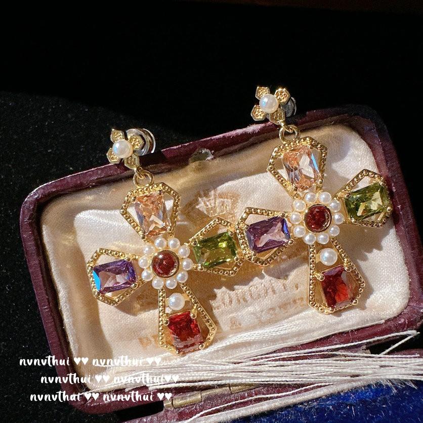 Papalacha Rainbow Raindrop Gem Necklace, Antique, 18K Gold Plated, Lady Rouge Flower Zircon Earrings