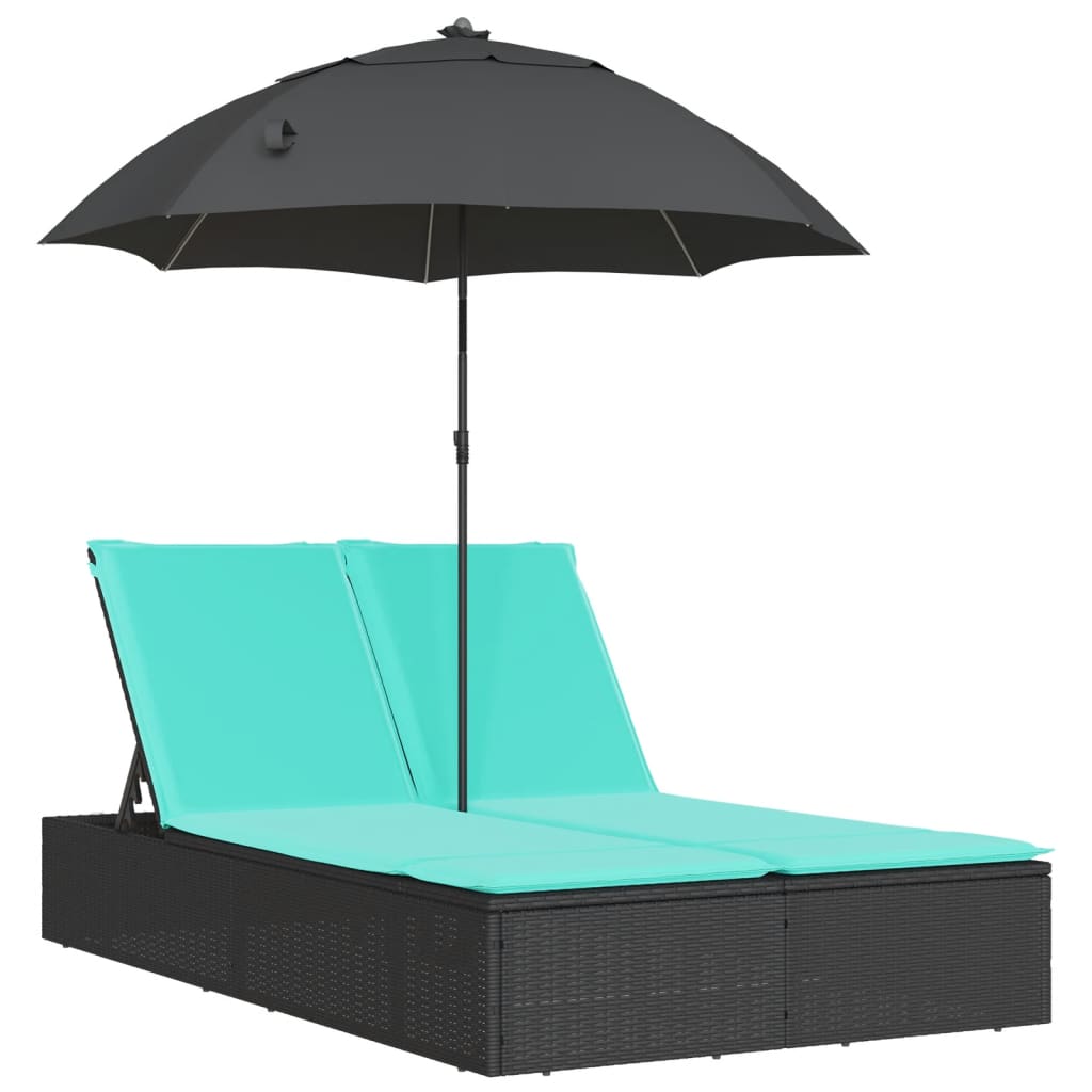Double Sun Lounger with Cushions & Parasol Black Poly Rattan