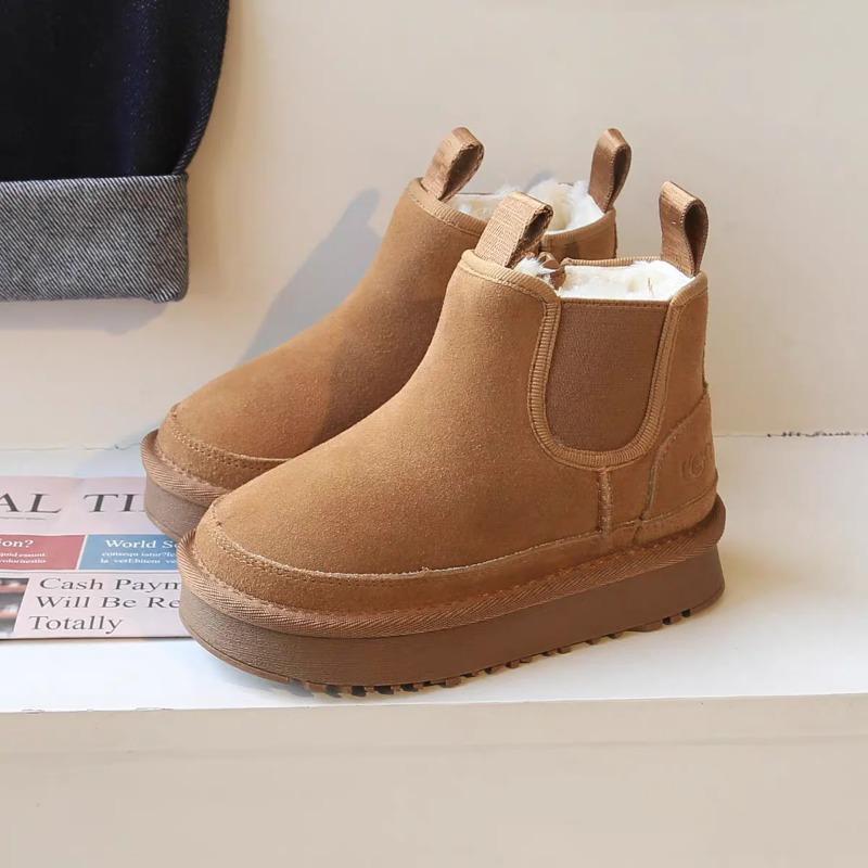 Kids Boots Boys Girls Thick Genuine Leather Warm Thicker Fur Children Winter Non-Slip Solid Zip Snow Boots Baby Suede Shoes