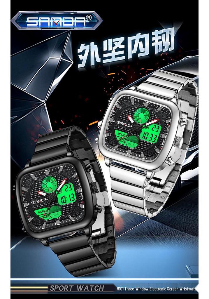 SANDA Men's Dual Display Fashionable Multifunction Steel Band Square Waterproof Electronic Watch